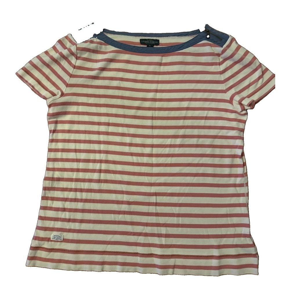 Lauren Ralph Lauren Womens XL Striped Shirt Pink White Shoulder Zip Short Sleeve